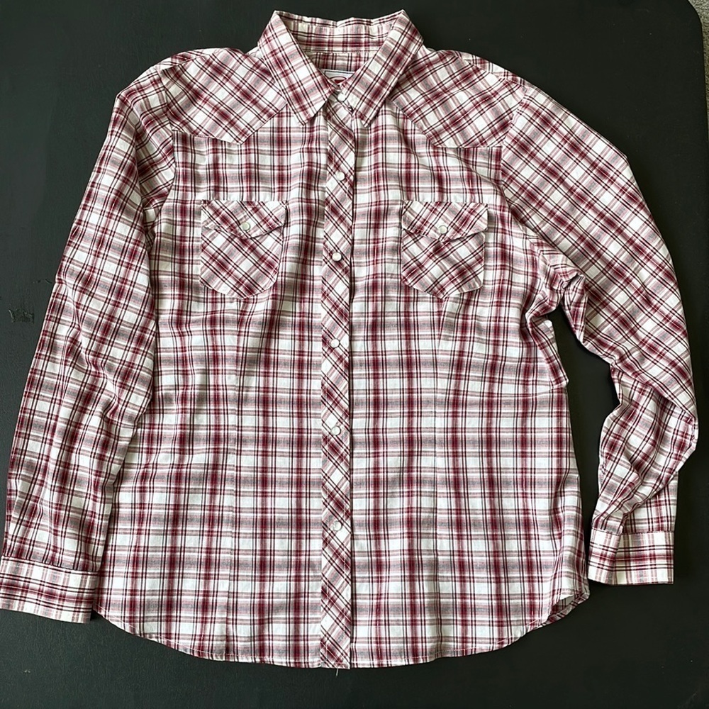 EC Roper Red/Black/Silver Plaid Long Sleeve Button Up Shirt - Size XL